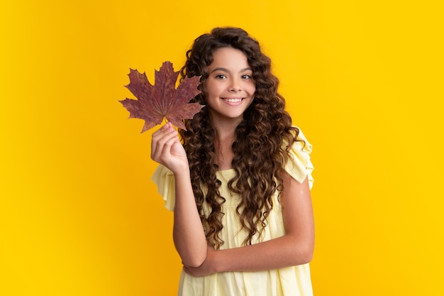 Child teen girl with autumn yellow leaves teenager girl with oak and maple leaf isoalted on yellow background fall foliage