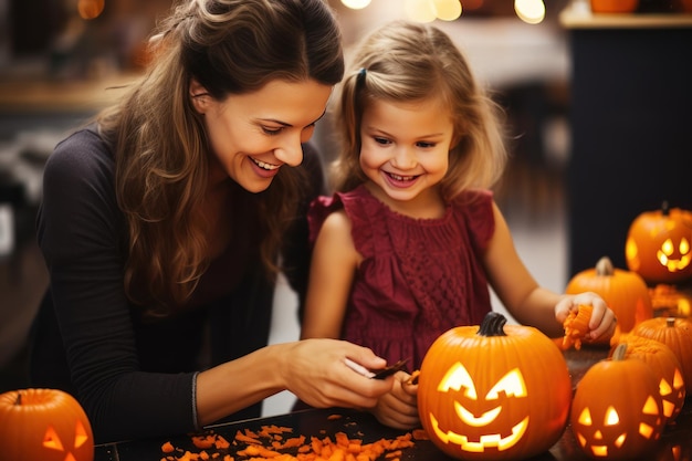 a child and their mother carving pumpkins for Halloween Generative AI