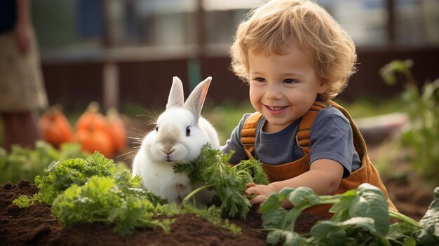 Photo a child and their pet rabbit participating in background