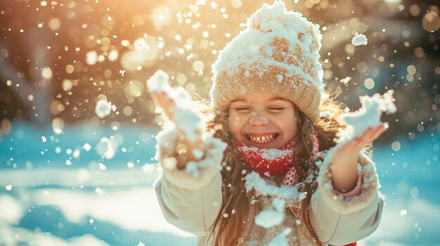 Foto un bambino getta la neve in alto focalizzazione selettiva