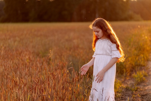 Child touching rye or wheat sprouts in a field on sunset