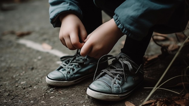 수업에 가기 전에 학교 신발 끈을 묶는 아이