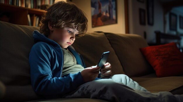 The child use smart phone in the living room