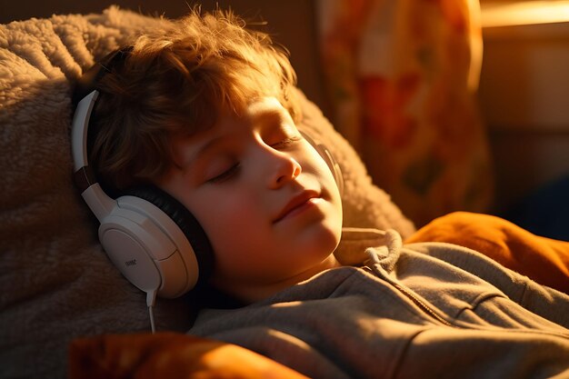 A child using headphones relaxed and reclining listening to digital native gen alpha generation