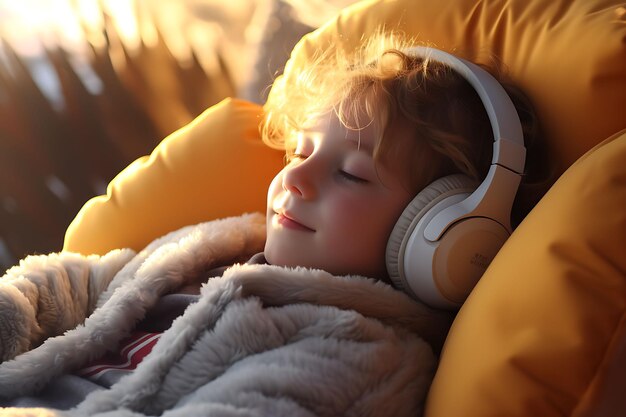 A child using headphones relaxed and reclining listening to digital native gen alpha generation