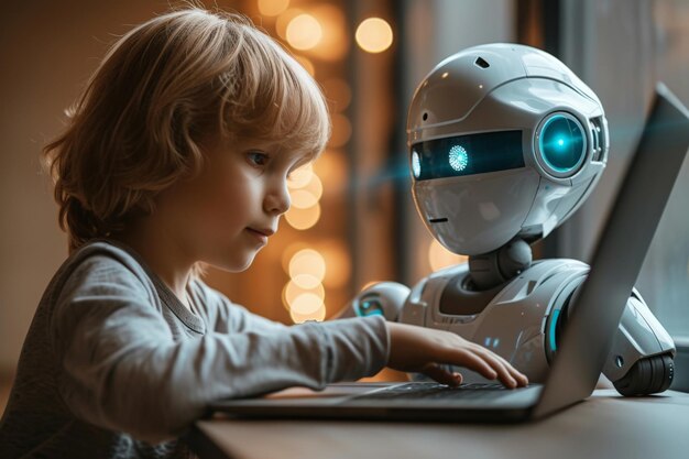 Foto bambino che utilizza un computer portatile con assistente robot educazione tecnologica apprendimento infantile concetto di innovazione di intelligenza artificiale