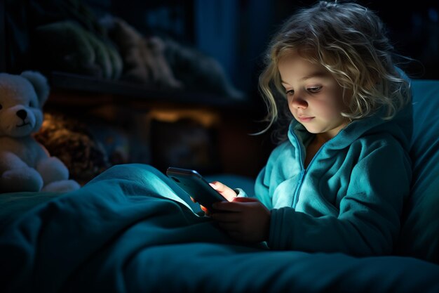 Photo a child using mobile phone lying in bed late at night childrens screen addiction and insomnia