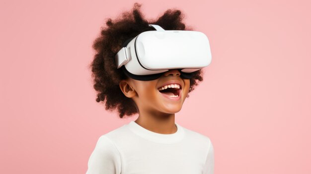 Child using a white virtual reality headset isolated Generative AI