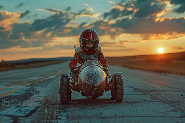 A child in a vintage pilot outfit rides a homemade racer on a deserted road with the golden glow of sunset illuminating the horizon