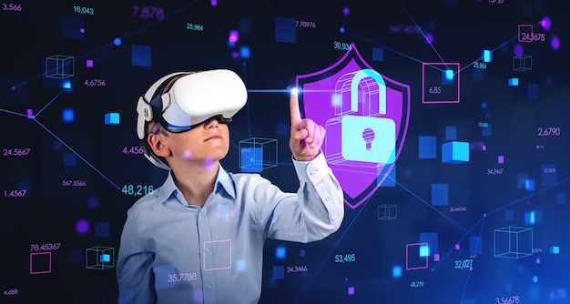 Child in vr glasses finger touching glowing padlock kids safe