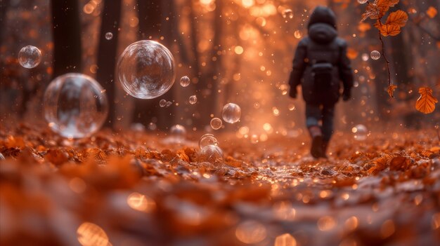 Child walking amongst soap bubbles on autumn leafcovered path