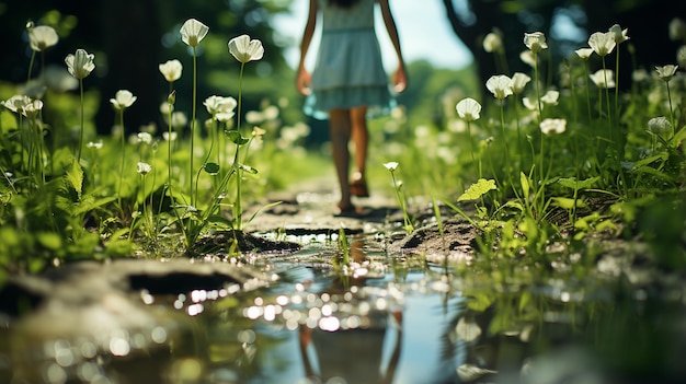 Child walking in water road with grass