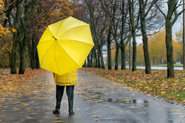 Фото Ребенок гуляет с большим желтым зонтиком в осеннем дождливом парке фон опавших листьев вид сзади