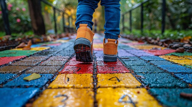 Photo a child walks across a colorful floor with a sign that says  walk  on it