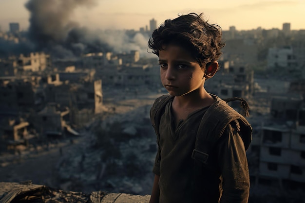 child during war palestine gaza destroyed city in the background photography