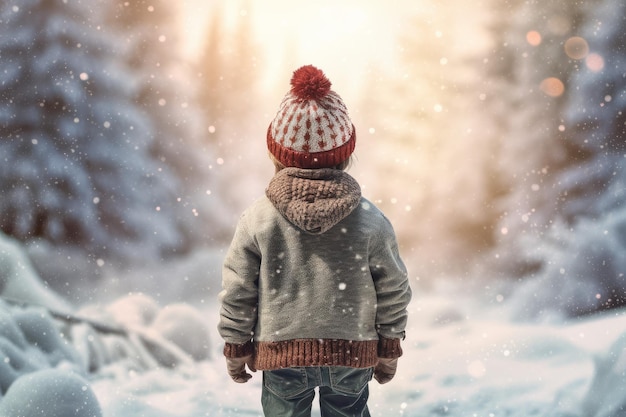 Child in warm winter clothes at sunset Generate AI
