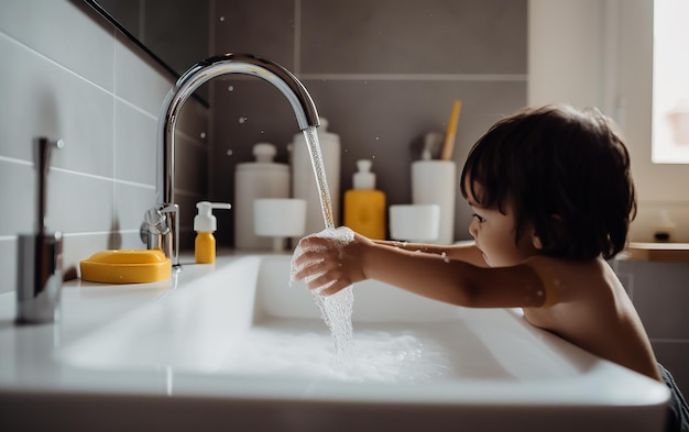 A child washing her hands in a sink with soap and soap.