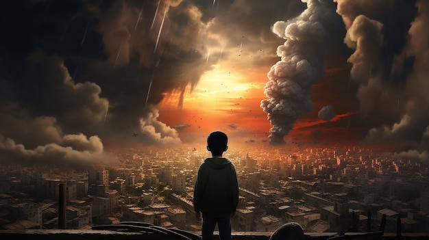 A child watches a large explosion in Gaza City