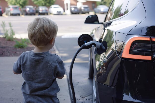 Photo child watching car charge learning about evs