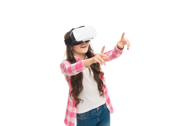 Child wear hmd explore virtual or augmented reality. Future technology. Girl interact cyber reality. Play cyber game and study. Modern education. Alternative education technologies. Virtual education.