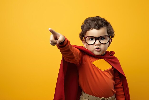 Child wearing cape and pointing at a bright background