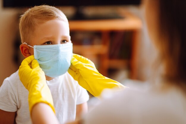 Child, wearing face mask, protect from infection of virus, pandemic.