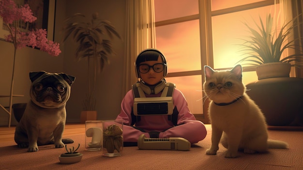 A child wearing a mask and a cat wearing goggles sits on a floor.