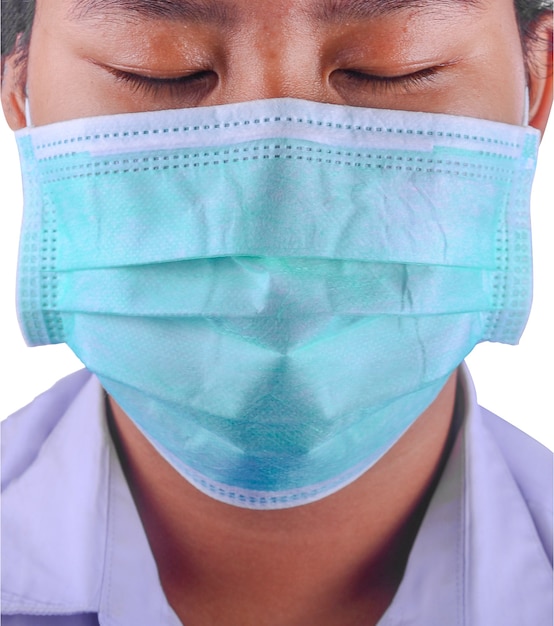 A child wearing a mask protect herself from Coronavirus on white background.