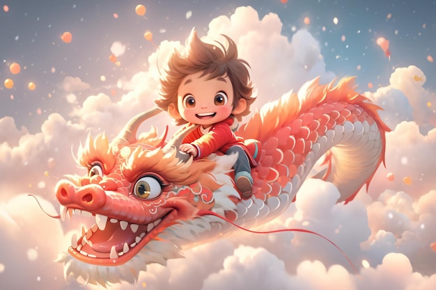 新しい服を着た子供が ⁇ 新年中に雲の海を通って中国のドラゴンに乗っています ⁇ 