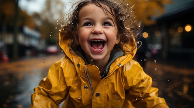 A child wearing a raincoat and playing happily in a rainy weather