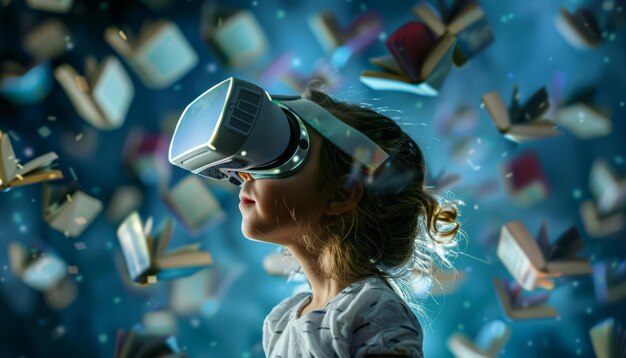 A child wearing virtual reality goggles surrounded by floating book titles that create a 3D learning world