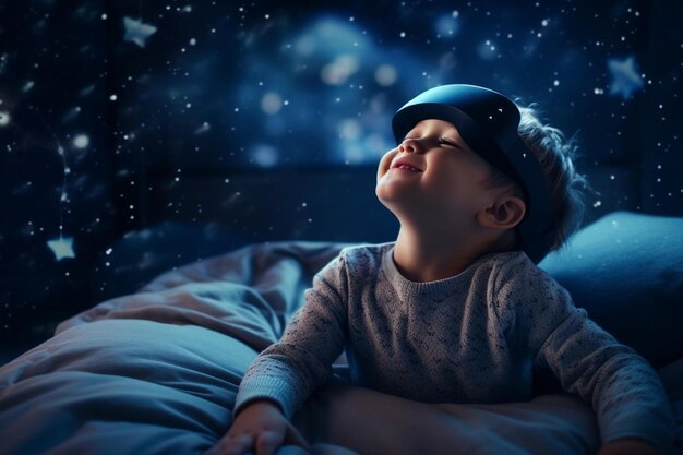 Photo a child wearing virtual reality headset looks up at the stars
