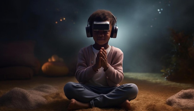 Photo a child wearing virtual reality headset sits in front of a pumpkin