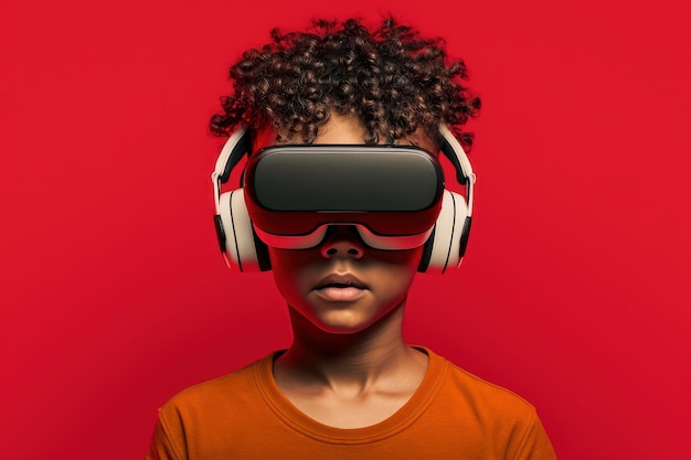 Ребенок в очках виртуальной реальности и блуждающий в воображении, созданном ИИ