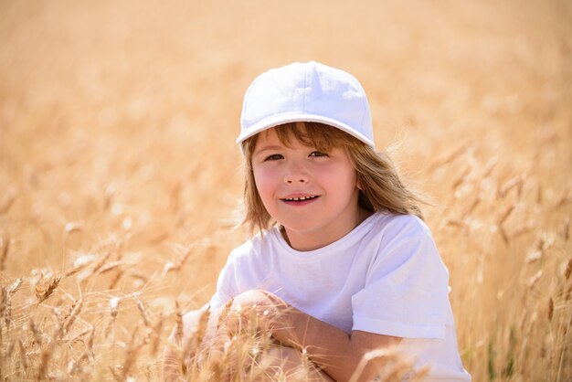 Child on wheat field boy pointing wheat ear in summer day on farm