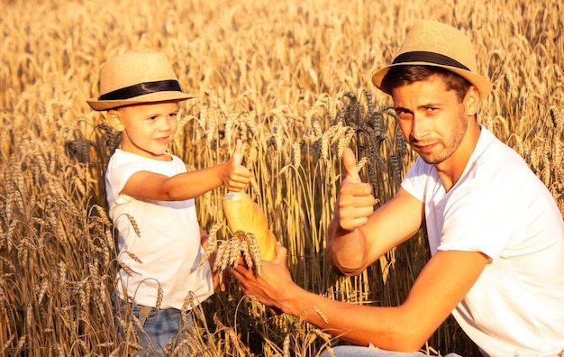 A child in a wheat field eats bread.