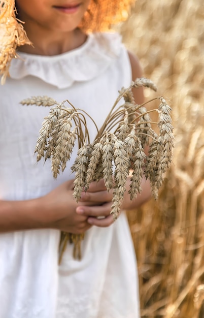 A child in a wheat field. Selective focus.