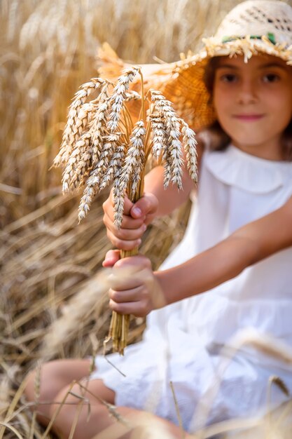 A child in a wheat field. Selective focus.