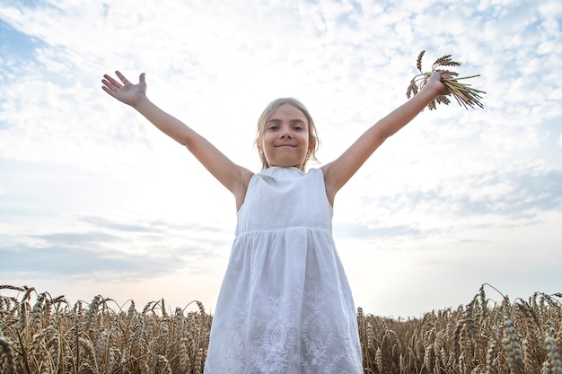 A child in a wheat field. Selective focus.