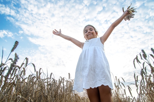 A child in a wheat field. Selective focus.