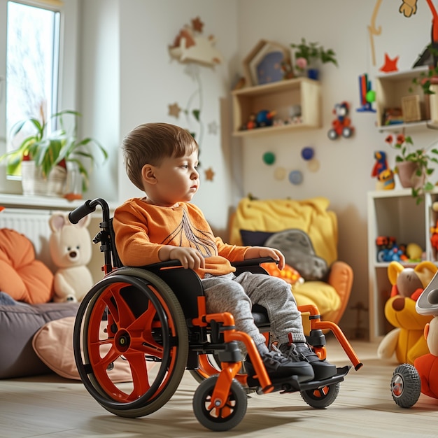 Photo a child in a wheelchair is sitting in a room with a stuffed animal