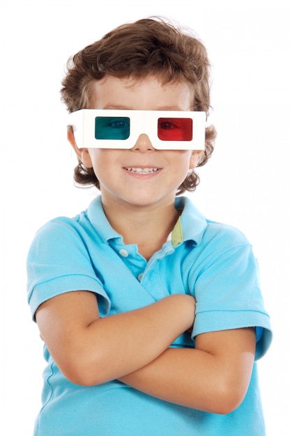 Photo child whit 3d glasses a over white background