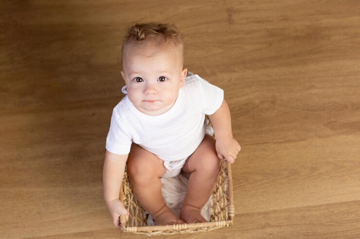 a child in white clothes sits in a basket on the floor
