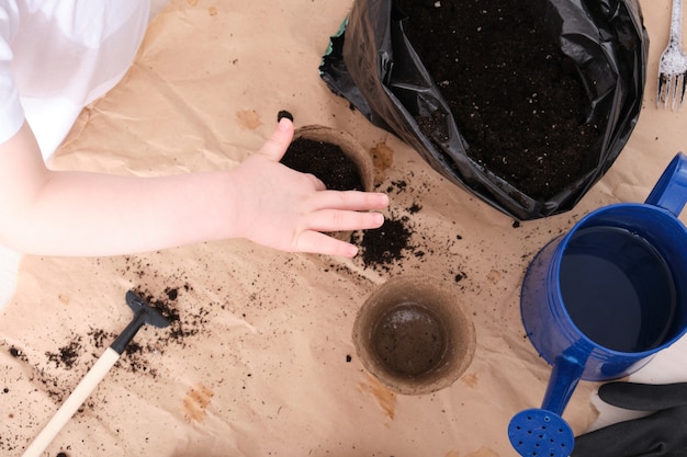 A child in a white t-shirt pours soil into a peat seed pot, a child plants a senen, garden tools on the table top view copy space