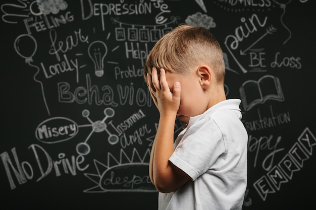 Child whose depression is on a black chalkboard with his hands closed