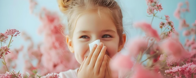 Фото Ребенок с аллергией вытирает нос из-за цветов, ищущий облегчения салфеткой концепция аллергия облегчение цветов чувствительность назальное раздражение аллергические реакции аллергия на окружающую среду