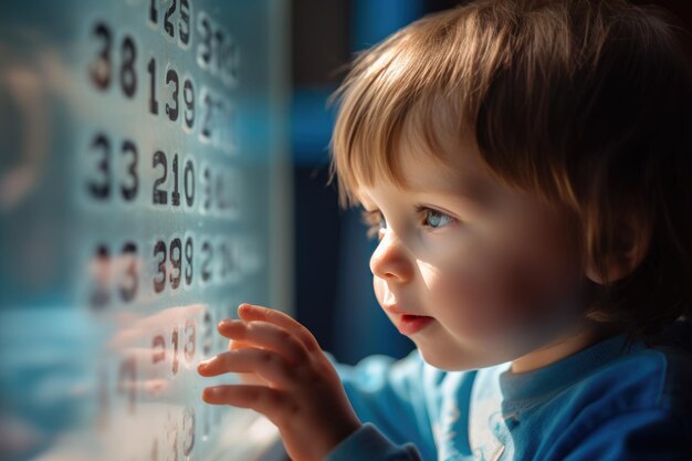 Child with autism looking to the glass transparent panel with numbers psychological concept