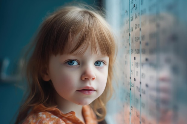 Child with autism looking to the glass transparent panel with numbers psychological concept