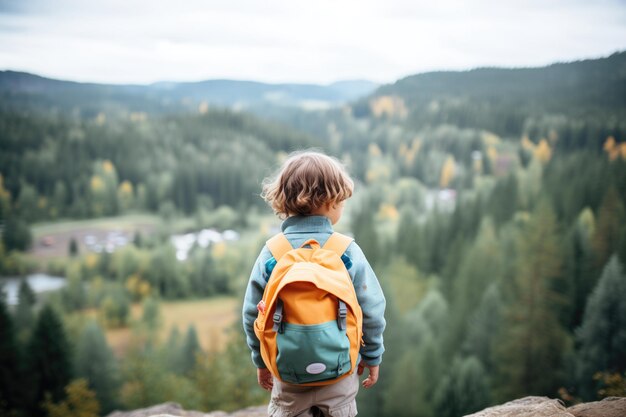 Child with backpack overlooking a forested valley