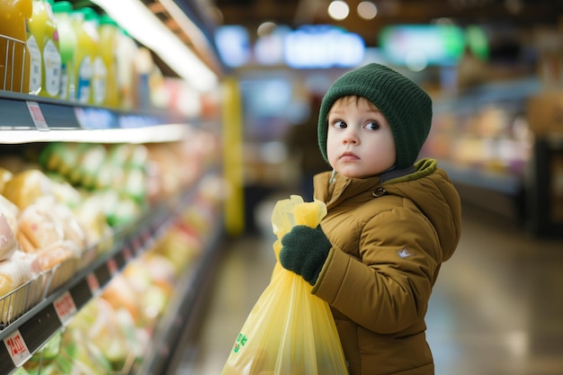 Child with bags in a supermarket aisle